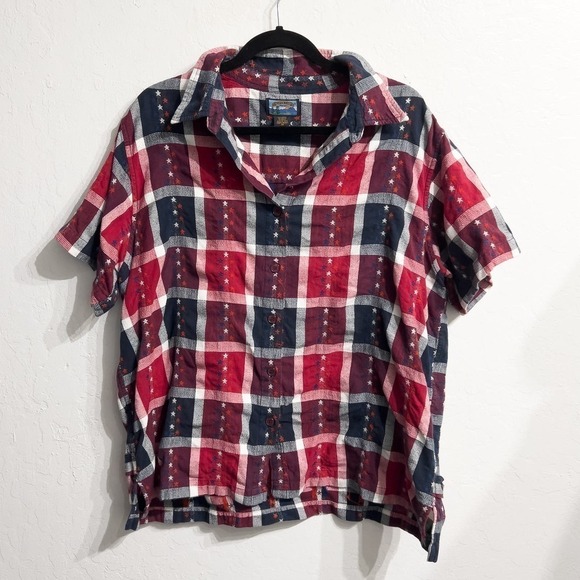 Shaver Lake Star America Button Down SHort Sleeve Shirt 2X Red White Blue - Picture 1 of 5